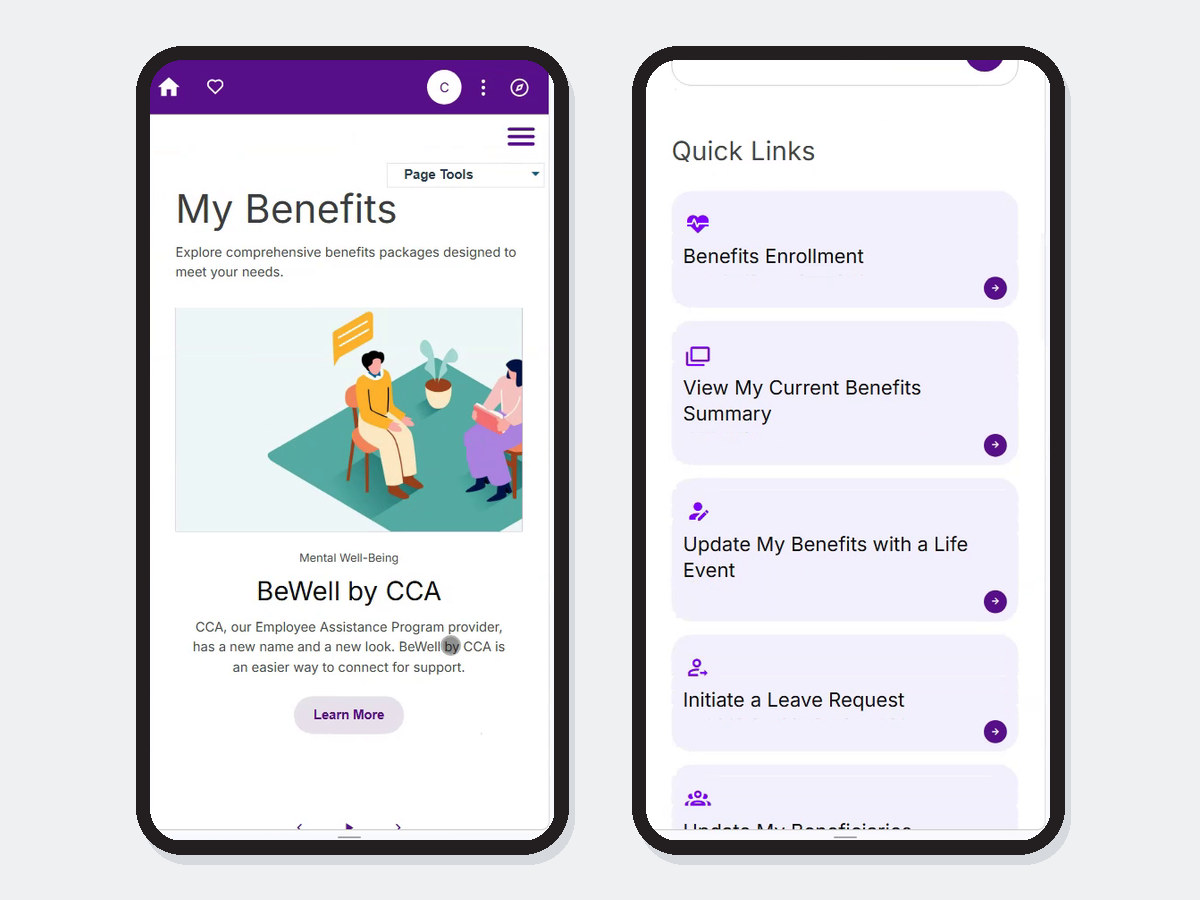 A benefits hub on two phones: the My Benefits page, and quick links into enrollment and leave transactions