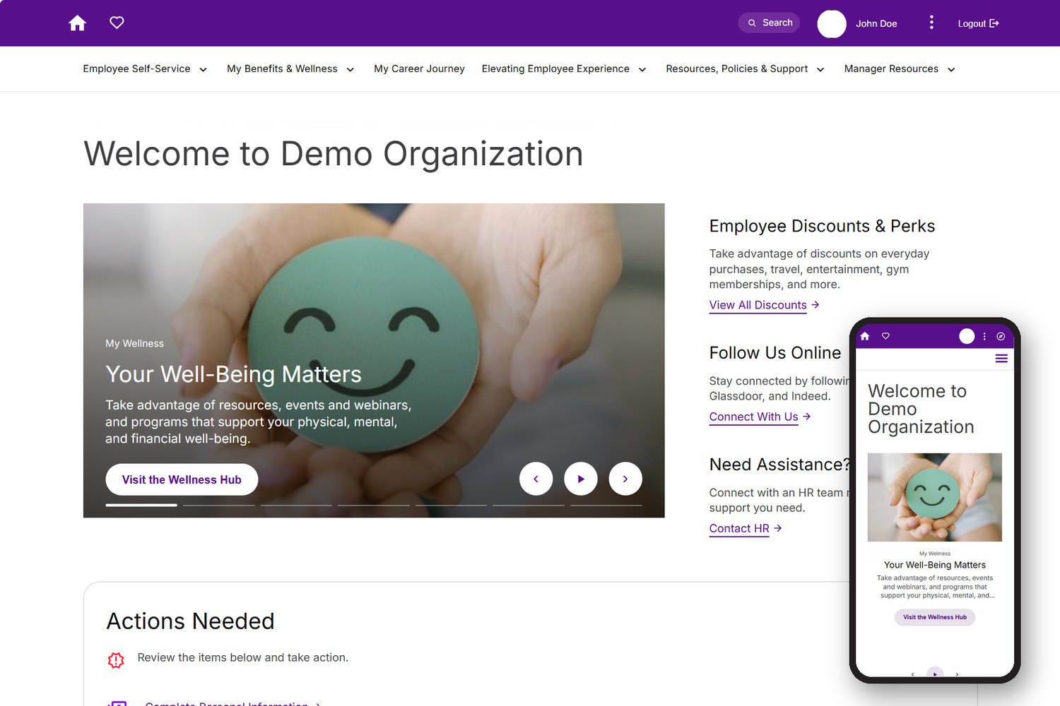 A PageBuilder employee home page in PeopleSoft, on desktop with the same page on a phone