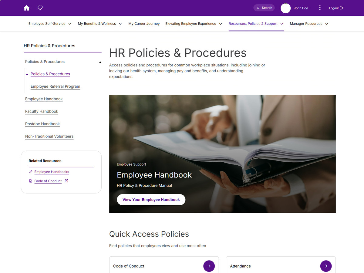 An HR Policies and Procedures page built with PageBuilder, with handbook links and a featured employee handbook