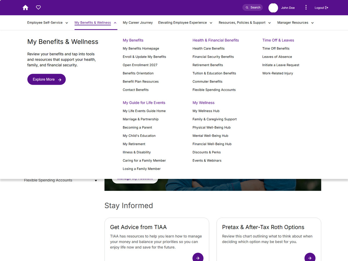 A mega menu open over a benefits page, grouping links by benefits, life events, wellness, and time off