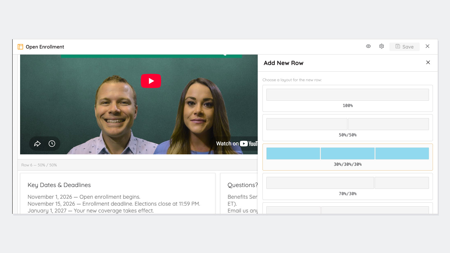 PageBuilder Studio's Add New Row panel, choosing between full-width, half, thirds, and seventy-thirty layouts