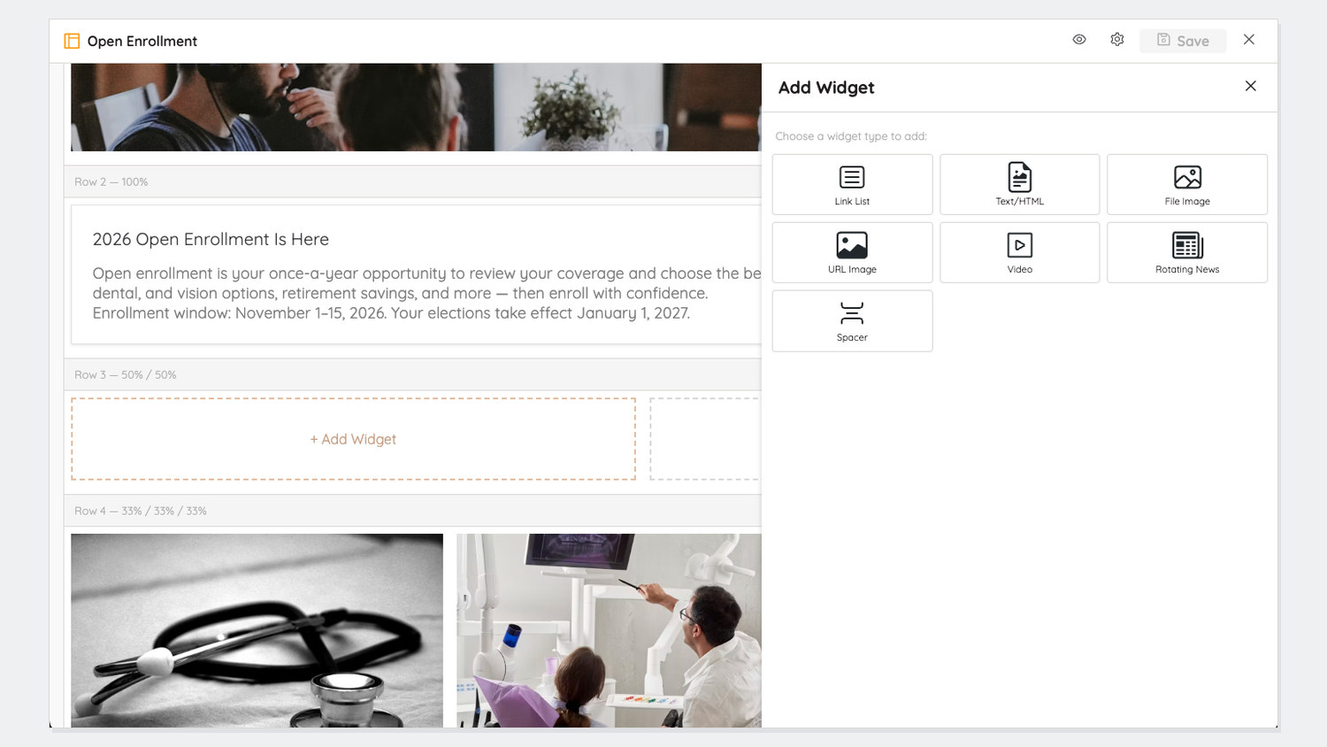 The Add Widget panel in PageBuilder Studio, offering link list, text, image, video, rotating news, and spacer widgets
