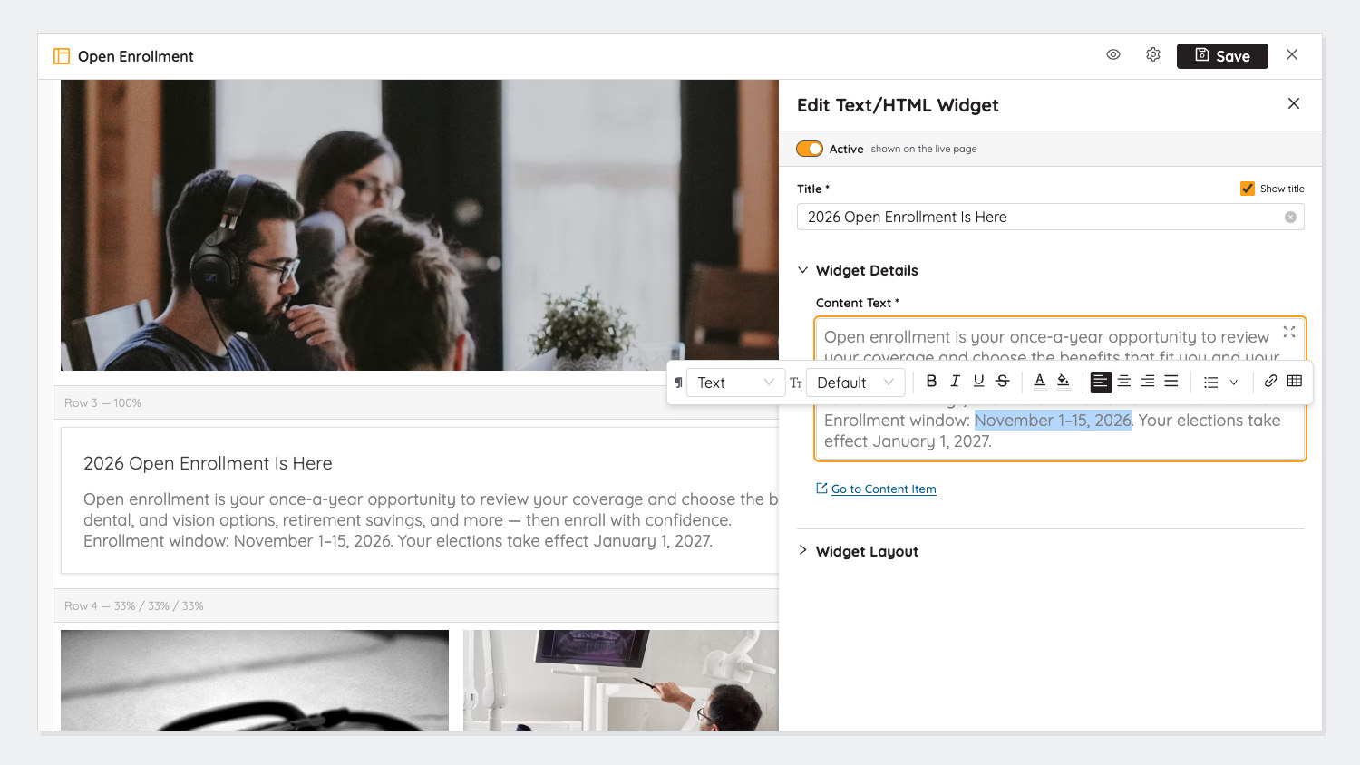 Editing a text widget in PageBuilder Studio, with the formatting toolbar beside the page canvas